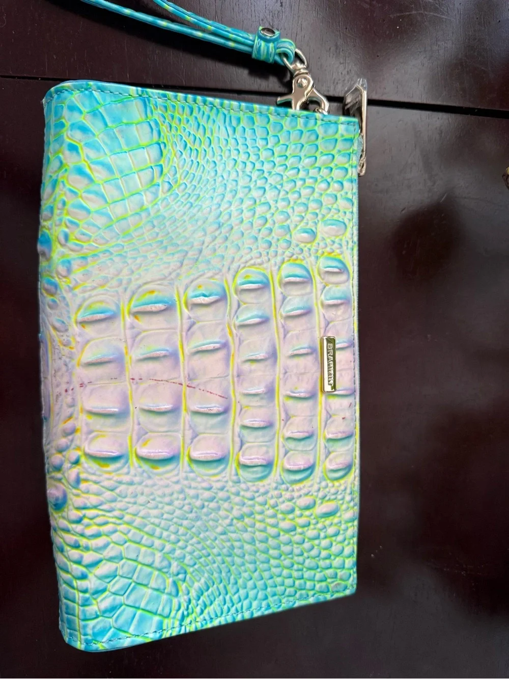 Brahmin Iridescent Mint Croc-Embossed Cosmetic Case